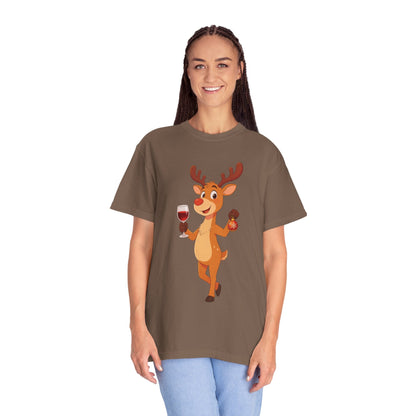 Festive Reindeer Revelry: Cartoon Holiday Celebration, Whimsical Christmas Character DesignT-Shirt – Custom T-Shirt by PixelCraft360, unique decoration for events and special gifts