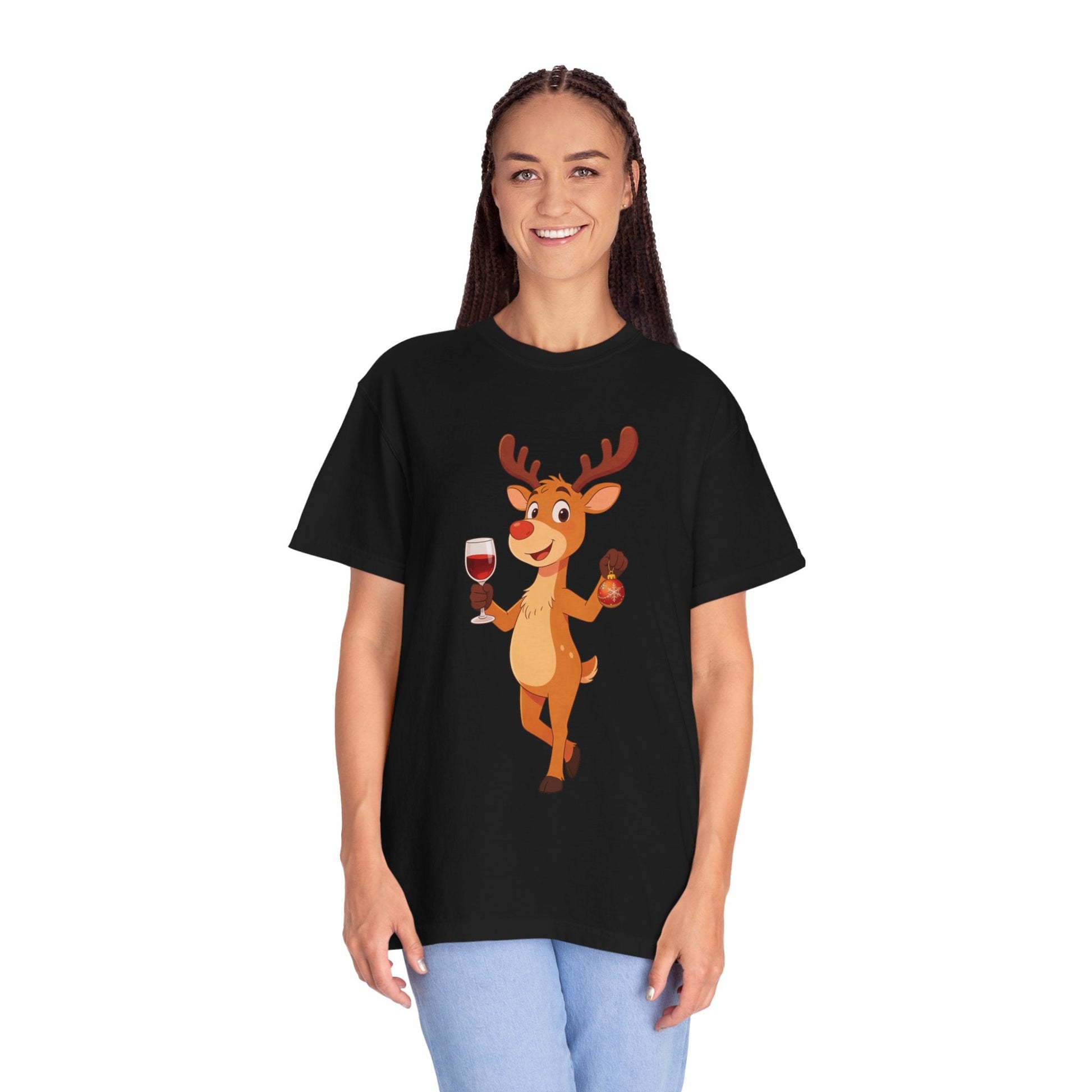 Festive Reindeer Revelry: Cartoon Holiday Celebration, Whimsical Christmas Character DesignT-Shirt – Custom T-Shirt by PixelCraft360, unique decoration for events and special gifts
