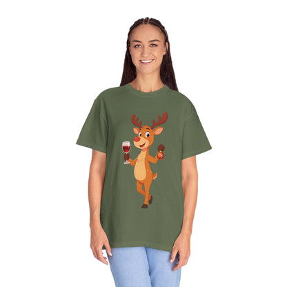 Festive Reindeer Revelry: Cartoon Holiday Celebration, Whimsical Christmas Character DesignT-Shirt – Custom T-Shirt by PixelCraft360, unique decoration for events and special gifts