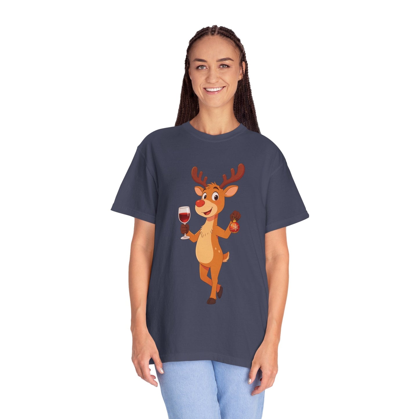 Festive Reindeer Revelry: Cartoon Holiday Celebration, Whimsical Christmas Character DesignT-Shirt – Custom T-Shirt by PixelCraft360, unique decoration for events and special gifts