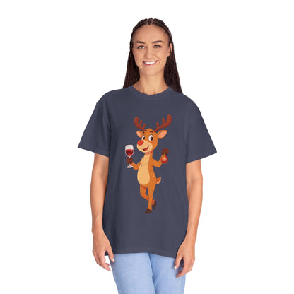 Festive Reindeer Revelry: Cartoon Holiday Celebration, Whimsical Christmas Character DesignT-Shirt – Custom T-Shirt by PixelCraft360, unique decoration for events and special gifts