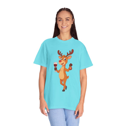 Festive Reindeer Revelry: Cartoon Holiday Celebration, Whimsical Christmas Character DesignT-Shirt – Custom T-Shirt by PixelCraft360, unique decoration for events and special gifts