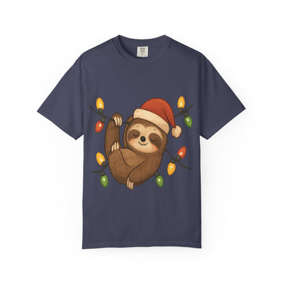 Festive Sloth Dreams: Holiday Lights Companion, Cute Christmas Illustration T-shirt – Custom T-Shirt by PixelCraft360, unique decoration for events and special gifts