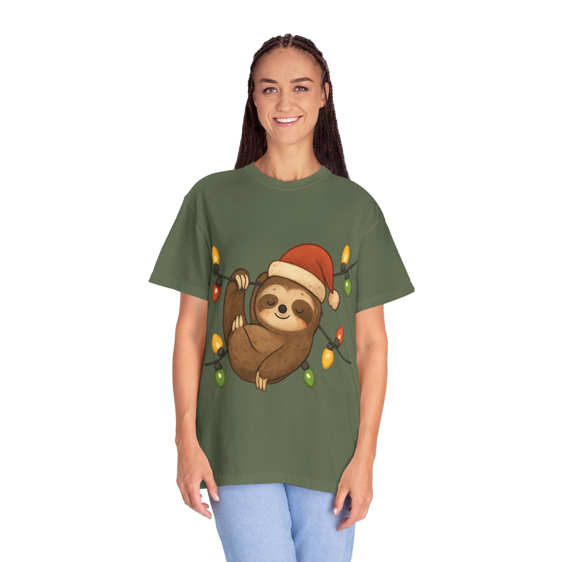 Festive Sloth Dreams: Holiday Lights Companion, Cute Christmas Illustration T-shirt – Custom T-Shirt by PixelCraft360, unique decoration for events and special gifts