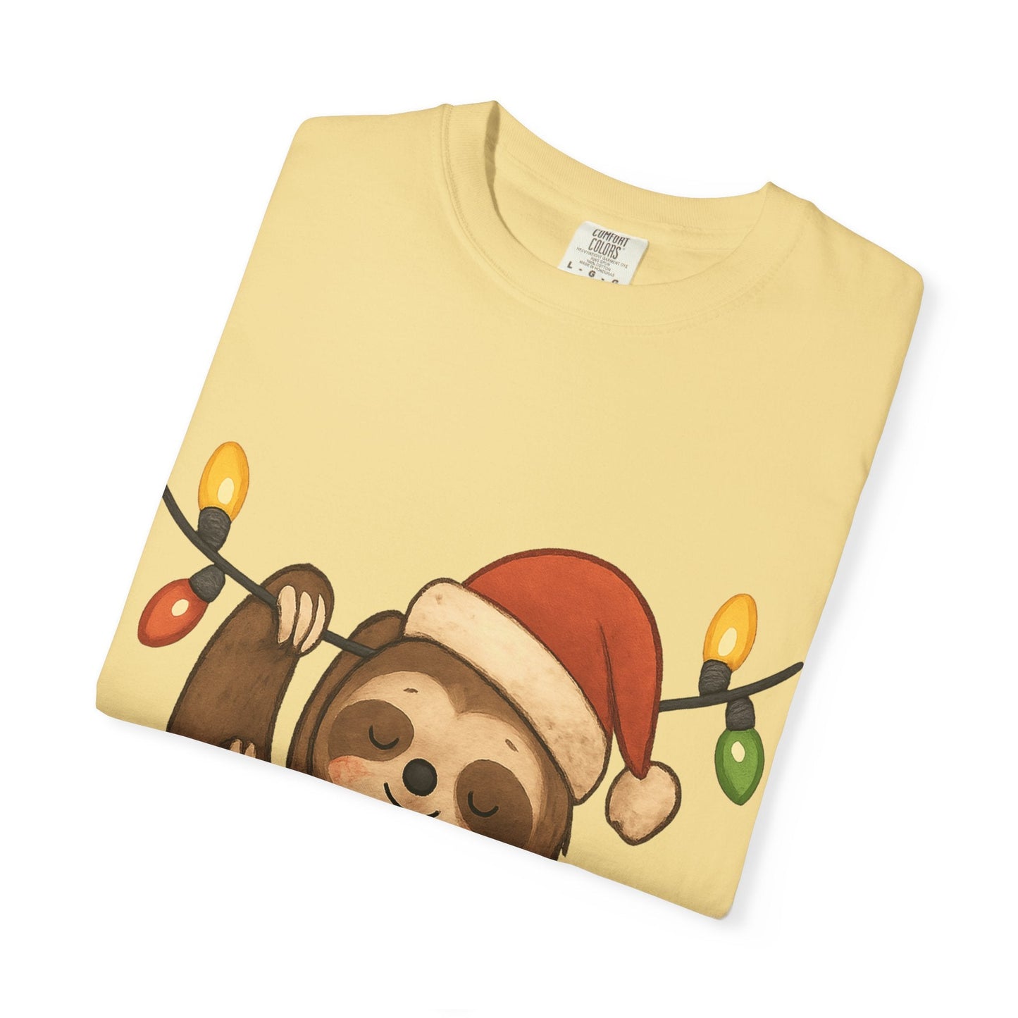 Festive Sloth Dreams: Holiday Lights Companion, Cute Christmas Illustration T-shirt – Custom T-Shirt by PixelCraft360, unique decoration for events and special gifts