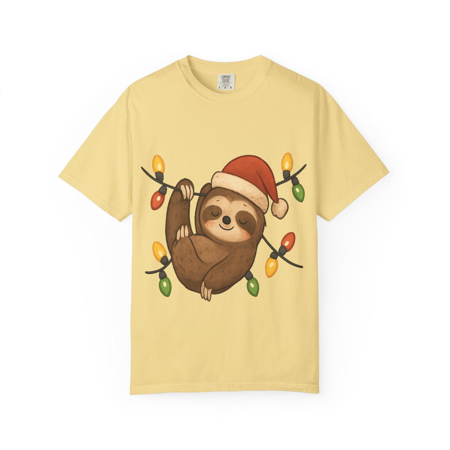 Festive Sloth Dreams: Holiday Lights Companion, Cute Christmas Illustration T-shirt – Custom T-Shirt by PixelCraft360, unique decoration for events and special gifts