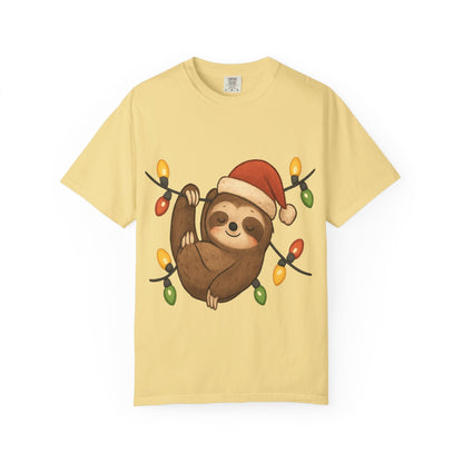 Festive Sloth Dreams: Holiday Lights Companion, Cute Christmas Illustration T-shirt – Custom T-Shirt by PixelCraft360, unique decoration for events and special gifts