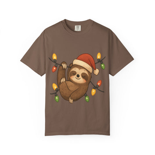 Festive Sloth Dreams: Holiday Lights Companion, Cute Christmas Illustration T-shirt – Custom T-Shirt by PixelCraft360, unique decoration for events and special gifts