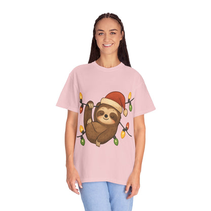 Festive Sloth Dreams: Holiday Lights Companion, Cute Christmas Illustration T-shirt – Custom T-Shirt by PixelCraft360, unique decoration for events and special gifts
