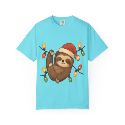Festive Sloth Dreams: Holiday Lights Companion, Cute Christmas Illustration T-shirt – Custom T-Shirt by PixelCraft360, unique decoration for events and special gifts