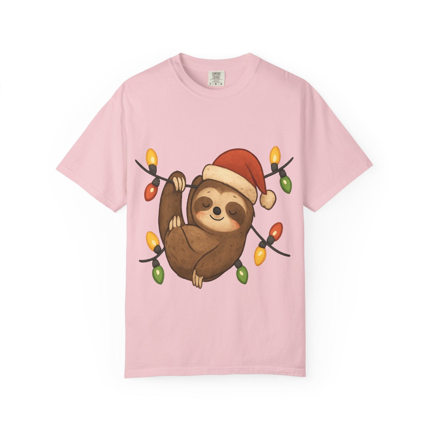 Festive Sloth Dreams: Holiday Lights Companion, Cute Christmas Illustration T-shirt – Custom T-Shirt by PixelCraft360, unique decoration for events and special gifts