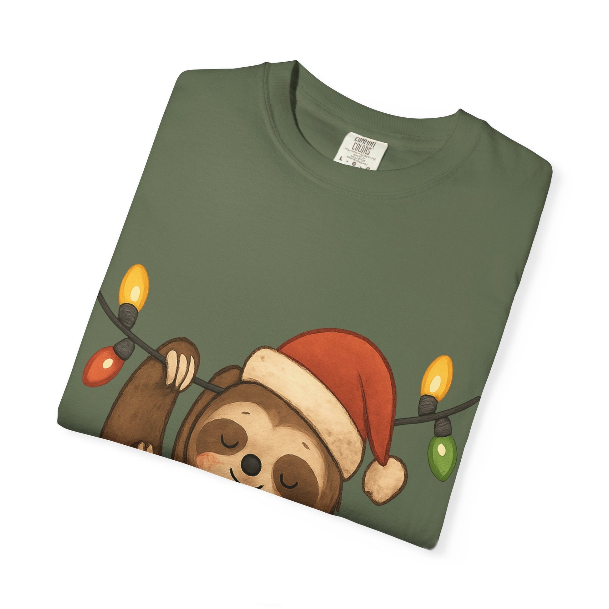 Festive Sloth Dreams: Holiday Lights Companion, Cute Christmas Illustration T-shirt – Custom T-Shirt by PixelCraft360, unique decoration for events and special gifts