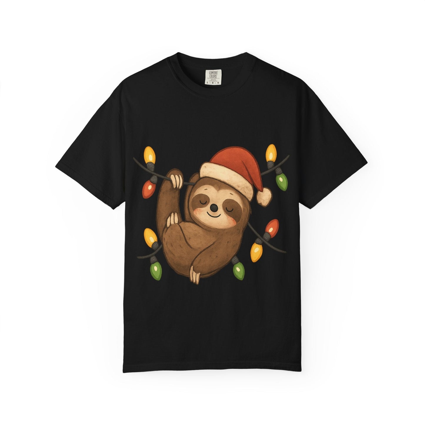 Festive Sloth Dreams: Holiday Lights Companion, Cute Christmas Illustration T-shirt – Custom T-Shirt by PixelCraft360, unique decoration for events and special gifts