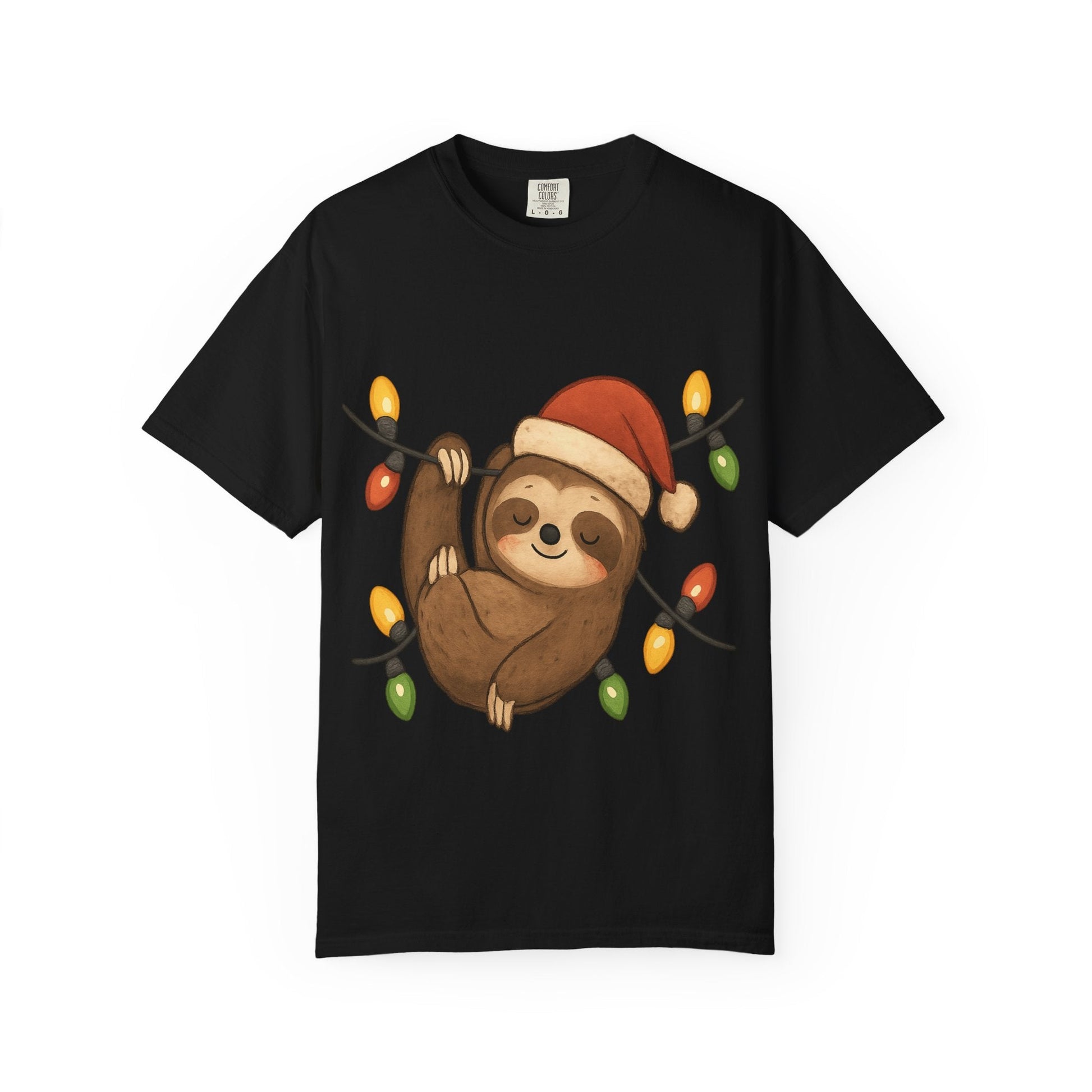 Festive Sloth Dreams: Holiday Lights Companion, Cute Christmas Illustration T-shirt – Custom T-Shirt by PixelCraft360, unique decoration for events and special gifts