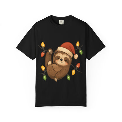 Festive Sloth Dreams: Holiday Lights Companion, Cute Christmas Illustration T-shirt – Custom T-Shirt by PixelCraft360, unique decoration for events and special gifts