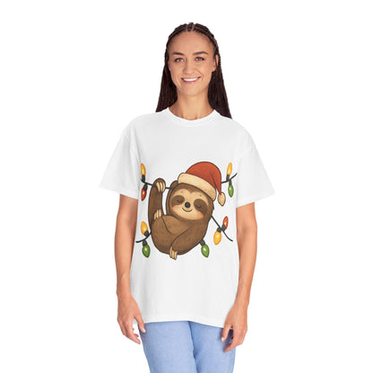 Festive Sloth Dreams: Holiday Lights Companion, Cute Christmas Illustration T-shirt – Custom T-Shirt by PixelCraft360, unique decoration for events and special gifts