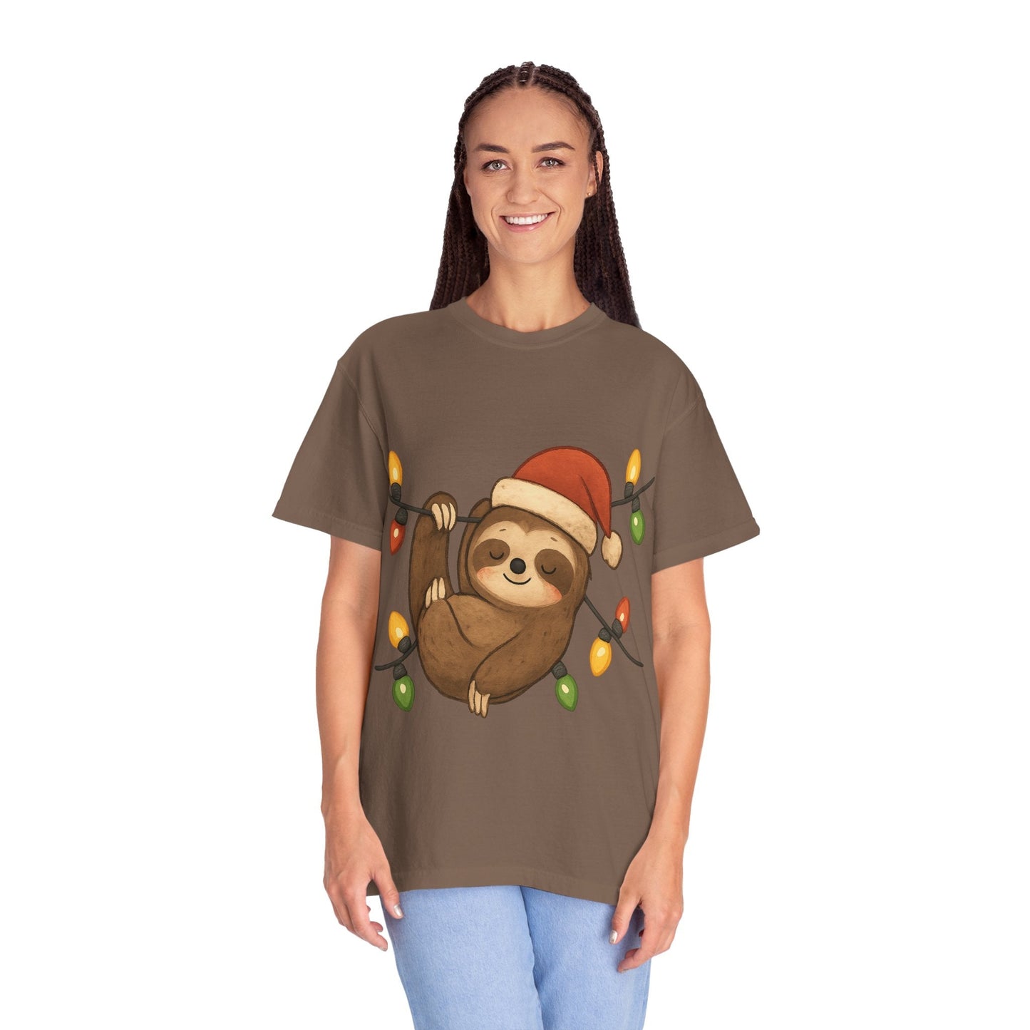 Festive Sloth Dreams: Holiday Lights Companion, Cute Christmas Illustration T-shirt – Custom T-Shirt by PixelCraft360, unique decoration for events and special gifts