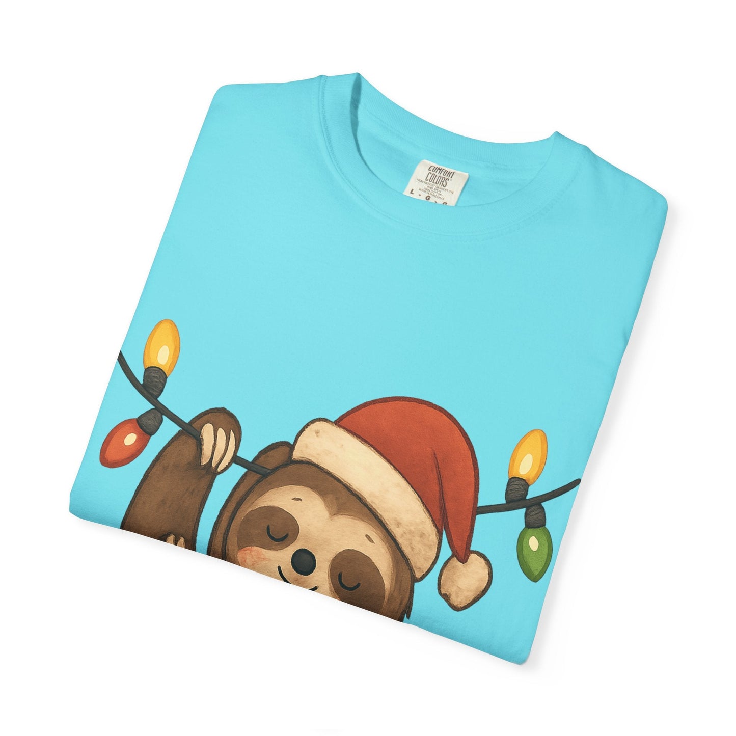 Festive Sloth Dreams: Holiday Lights Companion, Cute Christmas Illustration T-shirt – Custom T-Shirt by PixelCraft360, unique decoration for events and special gifts