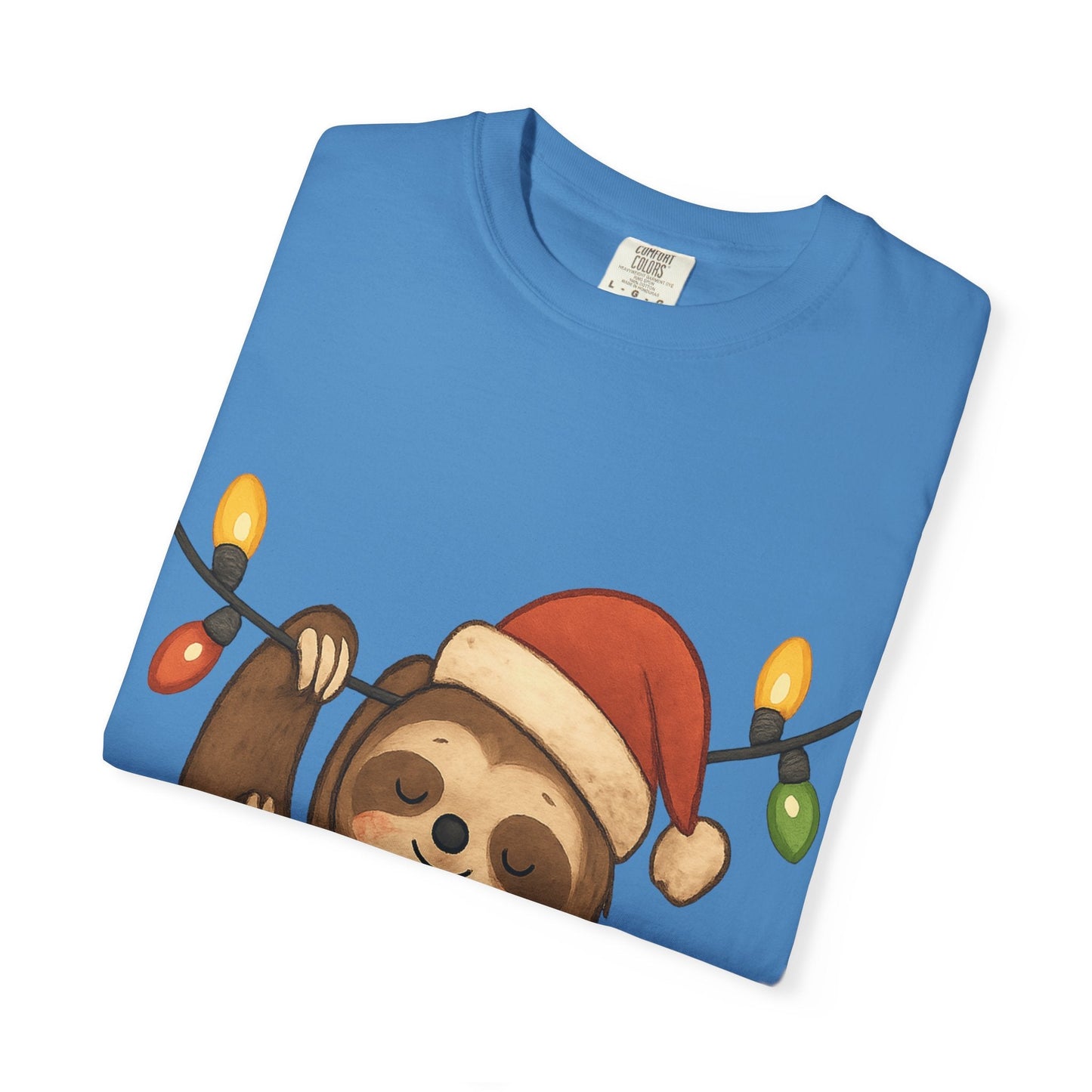 Festive Sloth Dreams: Holiday Lights Companion, Cute Christmas Illustration T-shirt – Custom T-Shirt by PixelCraft360, unique decoration for events and special gifts