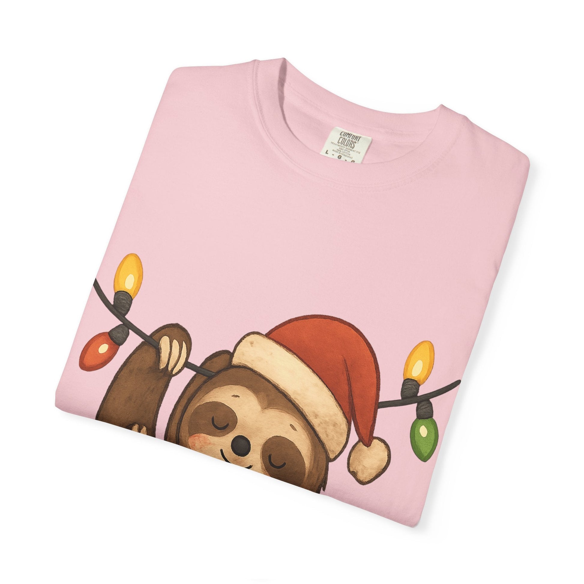 Festive Sloth Dreams: Holiday Lights Companion, Cute Christmas Illustration T-shirt – Custom T-Shirt by PixelCraft360, unique decoration for events and special gifts