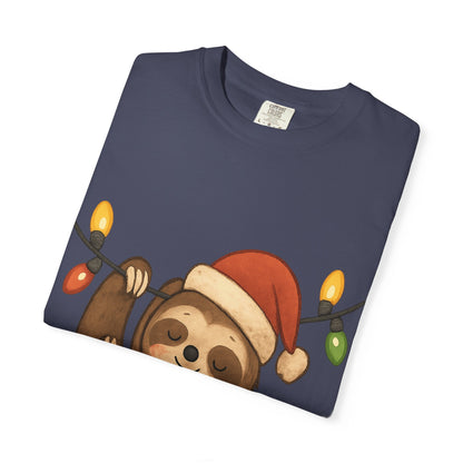 Festive Sloth Dreams: Holiday Lights Companion, Cute Christmas Illustration T-shirt – Custom T-Shirt by PixelCraft360, unique decoration for events and special gifts