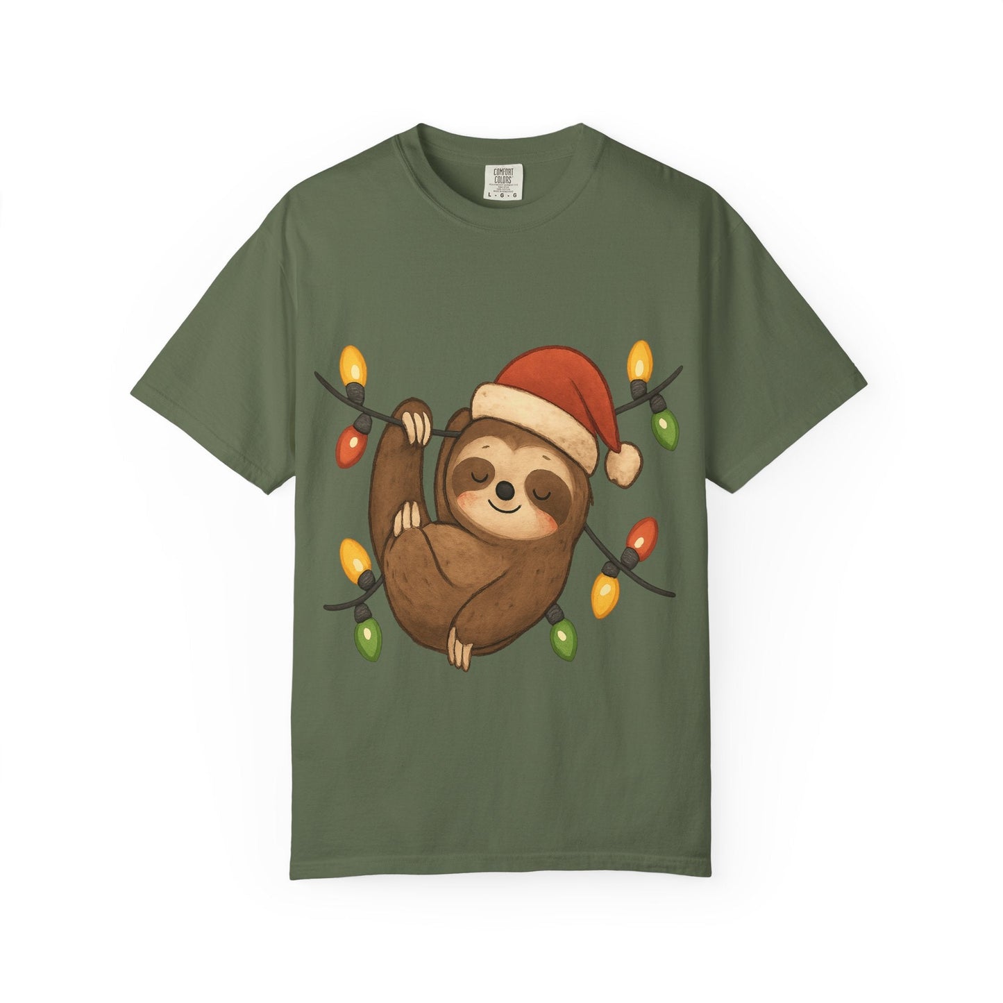 Festive Sloth Dreams: Holiday Lights Companion, Cute Christmas Illustration T-shirt – Custom T-Shirt by PixelCraft360, unique decoration for events and special gifts