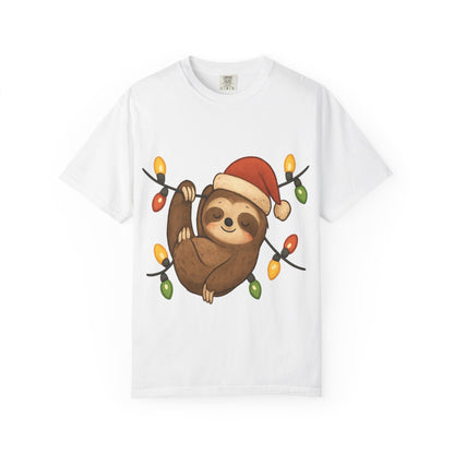 Festive Sloth Dreams: Holiday Lights Companion, Cute Christmas Illustration T-shirt – Custom T-Shirt by PixelCraft360, unique decoration for events and special gifts