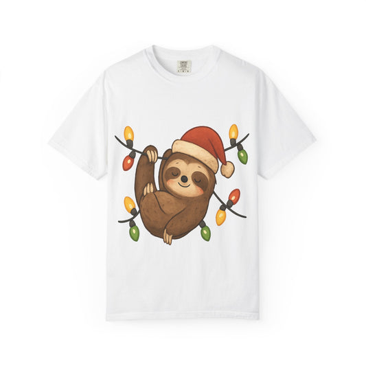 Festive Sloth Dreams: Holiday Lights Companion, Cute Christmas Illustration T-shirt – Custom T-Shirt by PixelCraft360, unique decoration for events and special gifts