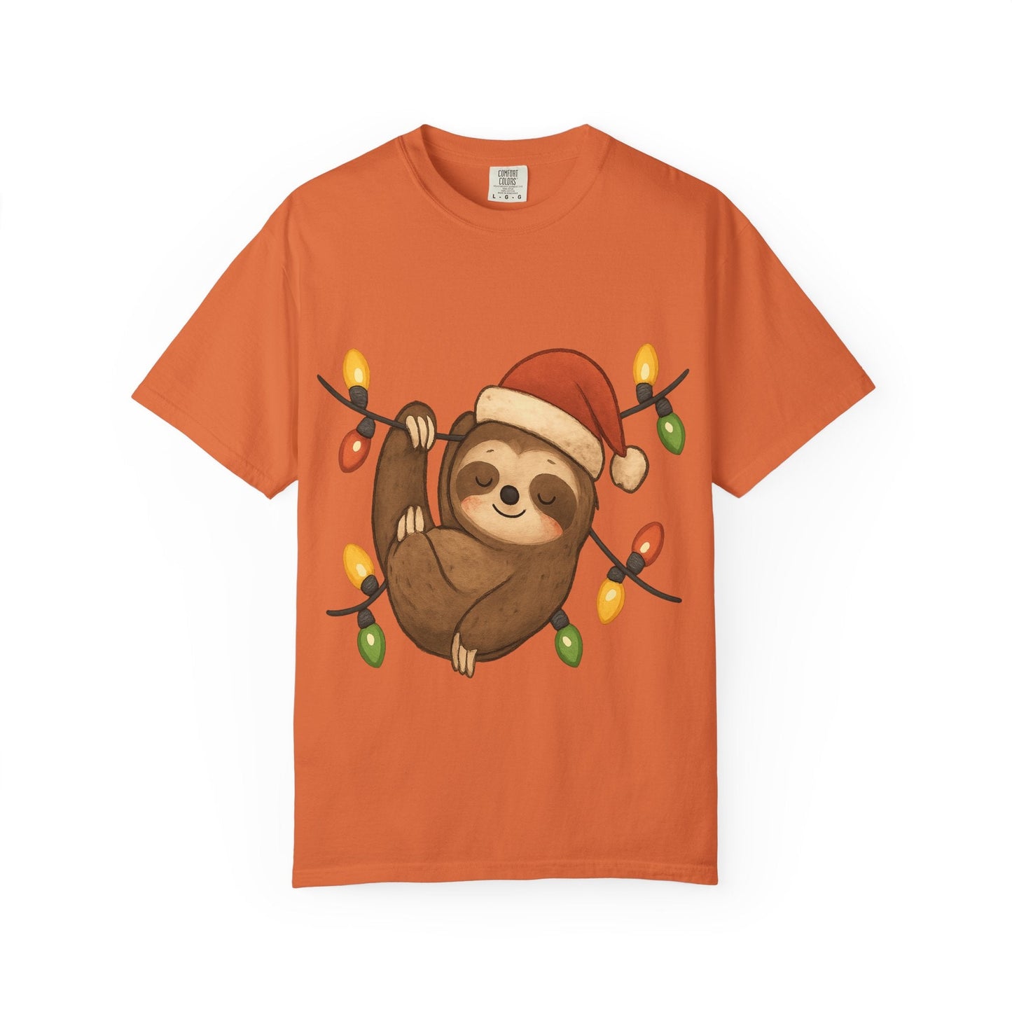 Festive Sloth Dreams: Holiday Lights Companion, Cute Christmas Illustration T-shirt – Custom T-Shirt by PixelCraft360, unique decoration for events and special gifts
