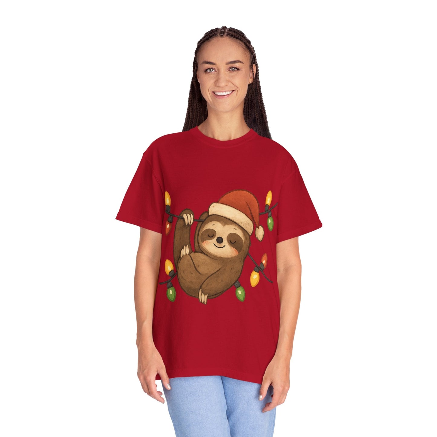 Festive Sloth Dreams: Holiday Lights Companion, Cute Christmas Illustration T-shirt – Custom T-Shirt by PixelCraft360, unique decoration for events and special gifts