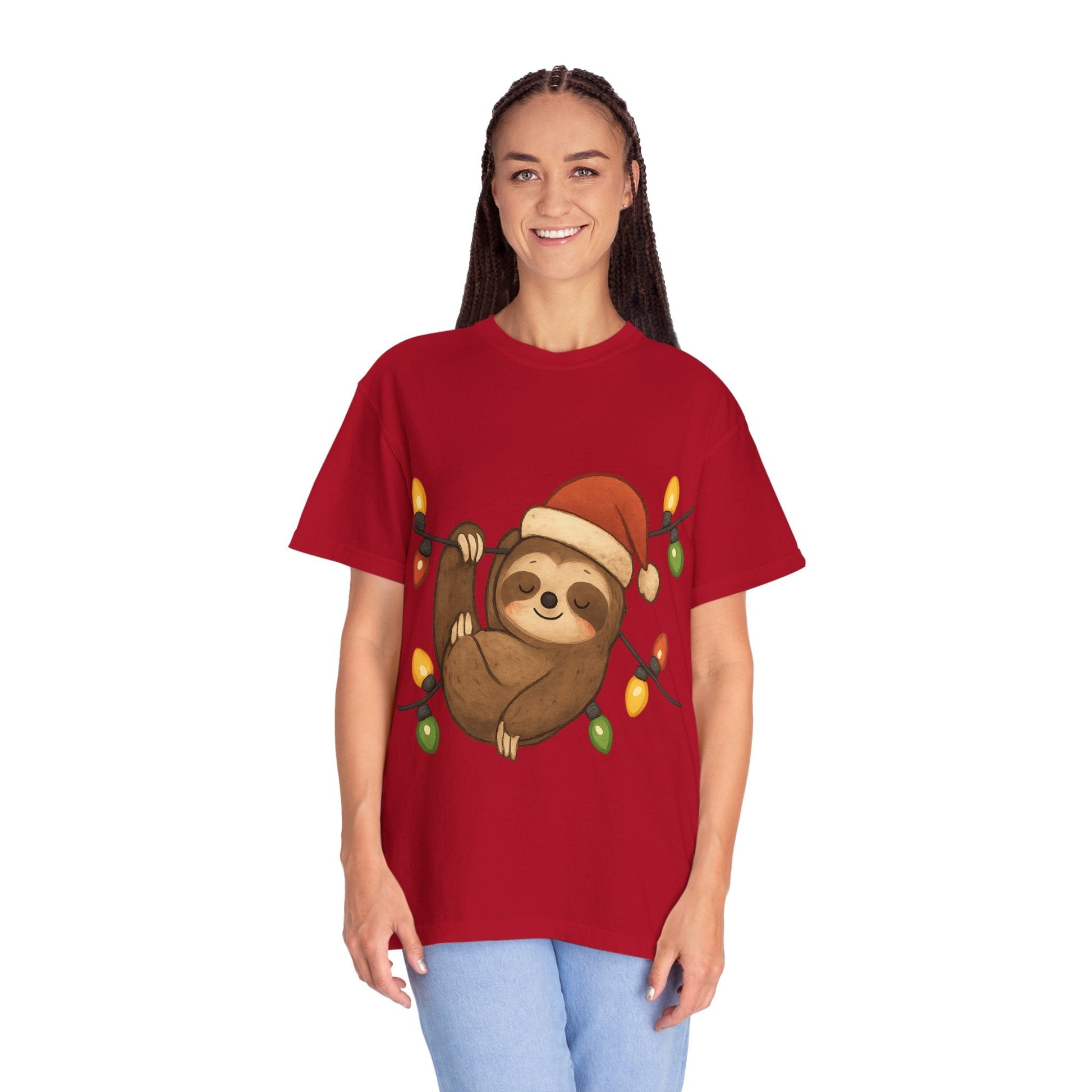 Festive Sloth Dreams: Holiday Lights Companion, Cute Christmas Illustration T-shirt – Custom T-Shirt by PixelCraft360, unique decoration for events and special gifts