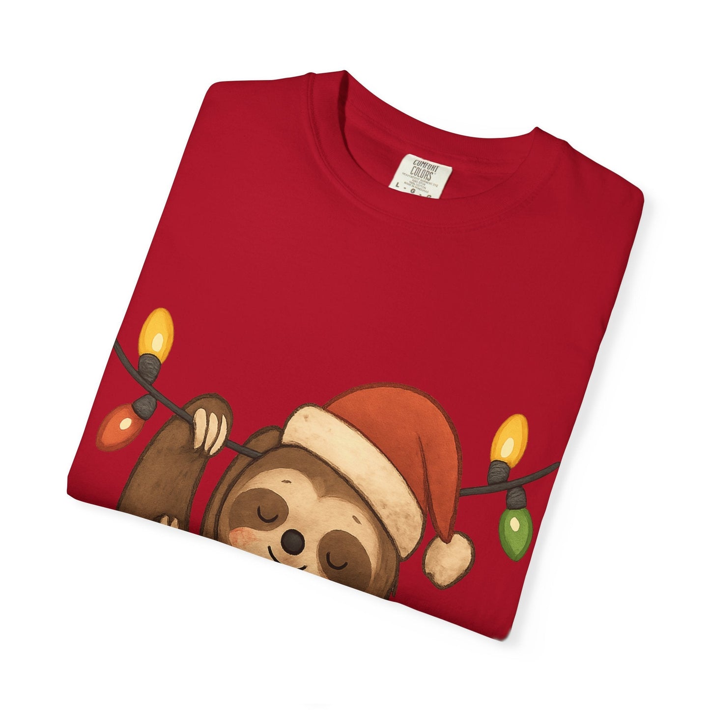 Festive Sloth Dreams: Holiday Lights Companion, Cute Christmas Illustration T-shirt – Custom T-Shirt by PixelCraft360, unique decoration for events and special gifts