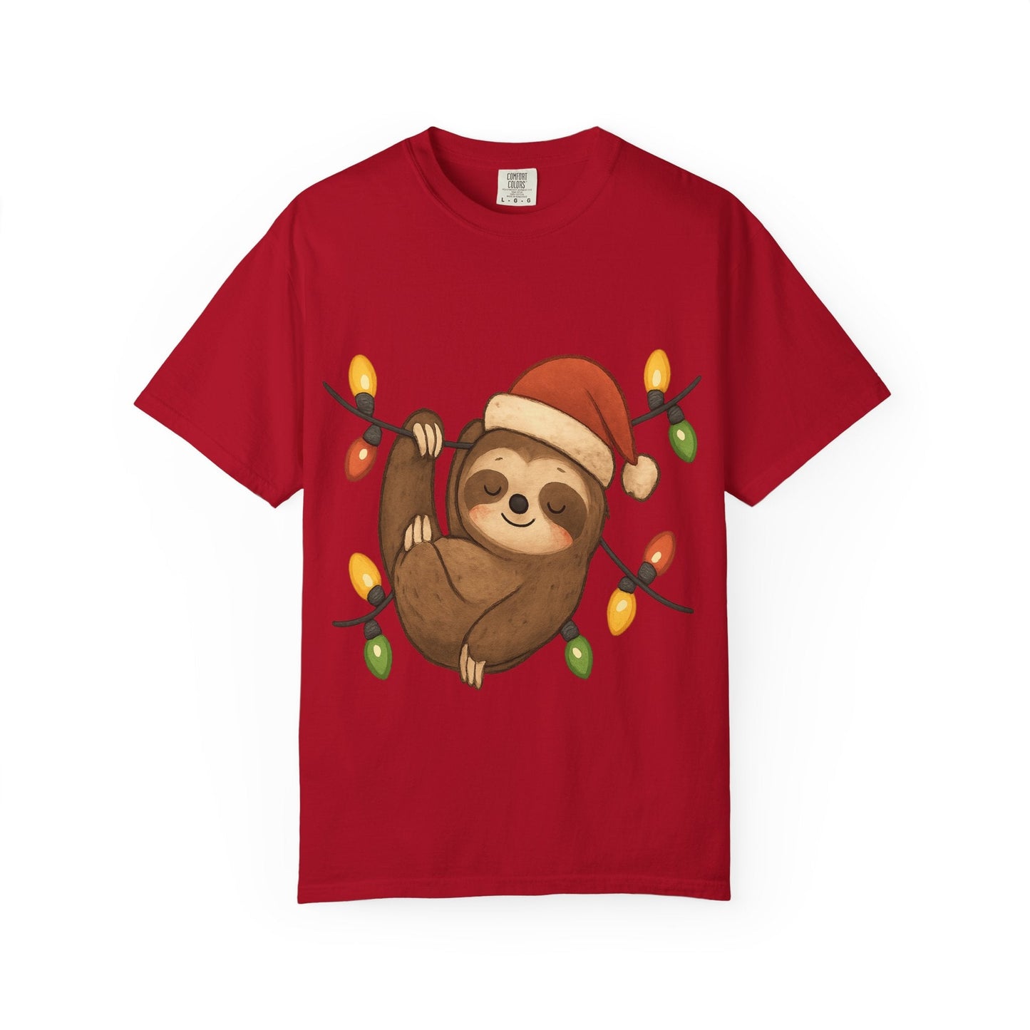 Festive Sloth Dreams: Holiday Lights Companion, Cute Christmas Illustration T-shirt – Custom T-Shirt by PixelCraft360, unique decoration for events and special gifts