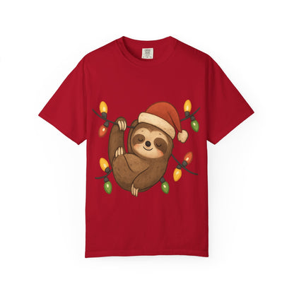 Festive Sloth Dreams: Holiday Lights Companion, Cute Christmas Illustration T-shirt – Custom T-Shirt by PixelCraft360, unique decoration for events and special gifts