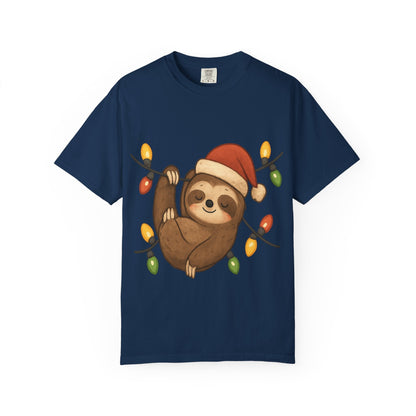 Festive Sloth Dreams: Holiday Lights Companion, Cute Christmas Illustration T-shirt – Custom T-Shirt by PixelCraft360, unique decoration for events and special gifts
