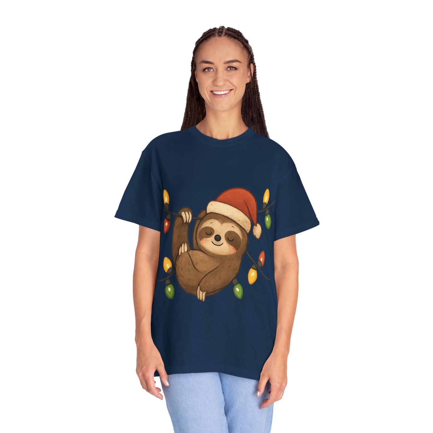 Festive Sloth Dreams: Holiday Lights Companion, Cute Christmas Illustration T-shirt – Custom T-Shirt by PixelCraft360, unique decoration for events and special gifts