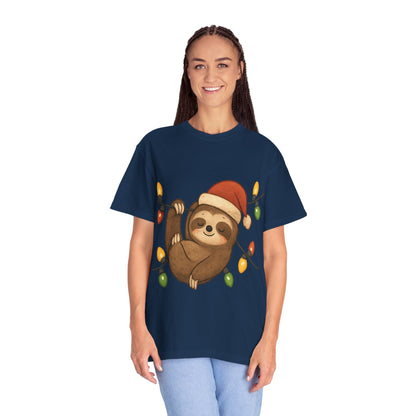 Festive Sloth Dreams: Holiday Lights Companion, Cute Christmas Illustration T-shirt – Custom T-Shirt by PixelCraft360, unique decoration for events and special gifts