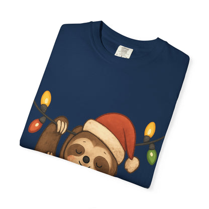 Festive Sloth Dreams: Holiday Lights Companion, Cute Christmas Illustration T-shirt – Custom T-Shirt by PixelCraft360, unique decoration for events and special gifts