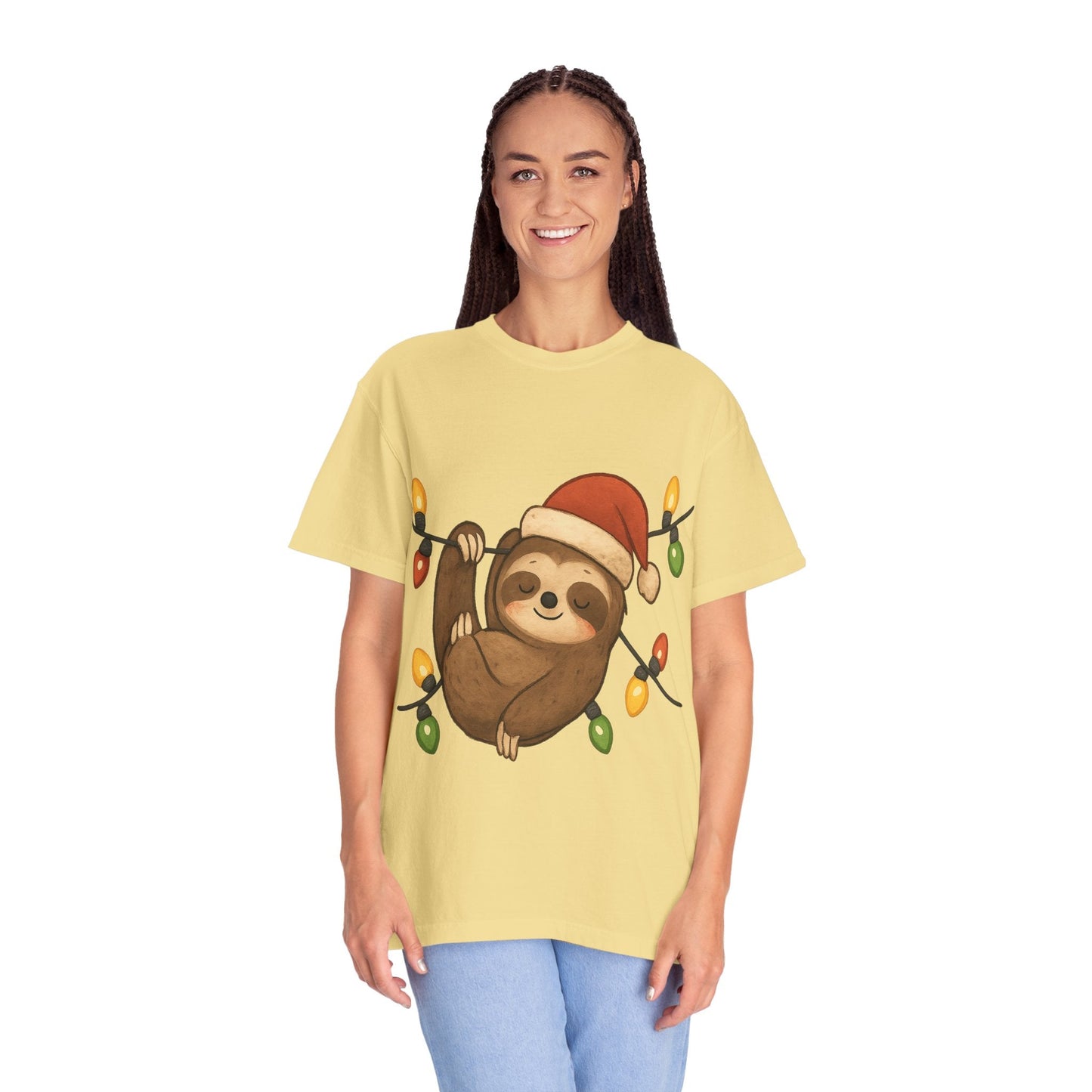 Festive Sloth Dreams: Holiday Lights Companion, Cute Christmas Illustration T-shirt – Custom T-Shirt by PixelCraft360, unique decoration for events and special gifts