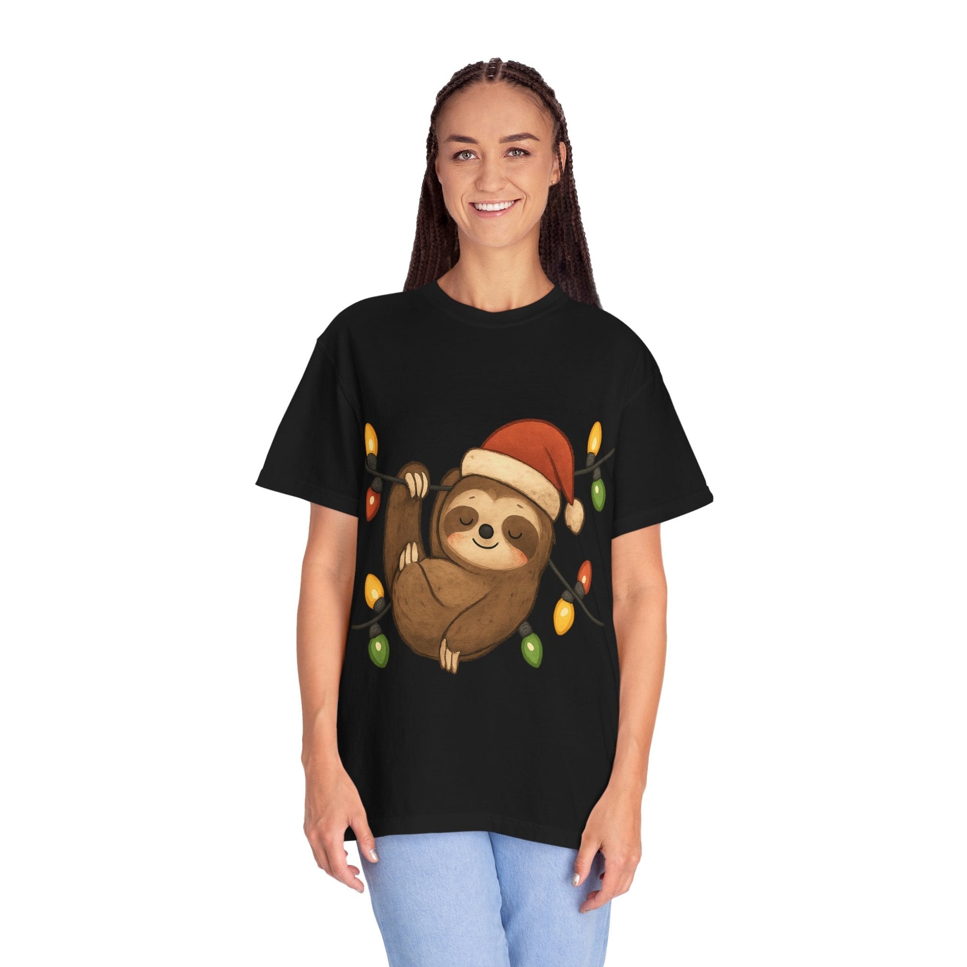 Festive Sloth Dreams: Holiday Lights Companion, Cute Christmas Illustration T-shirt – Custom T-Shirt by PixelCraft360, unique decoration for events and special gifts