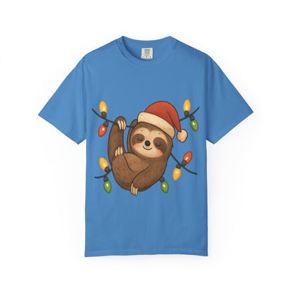 Festive Sloth Dreams: Holiday Lights Companion, Cute Christmas Illustration T-shirt – Custom T-Shirt by PixelCraft360, unique decoration for events and special gifts