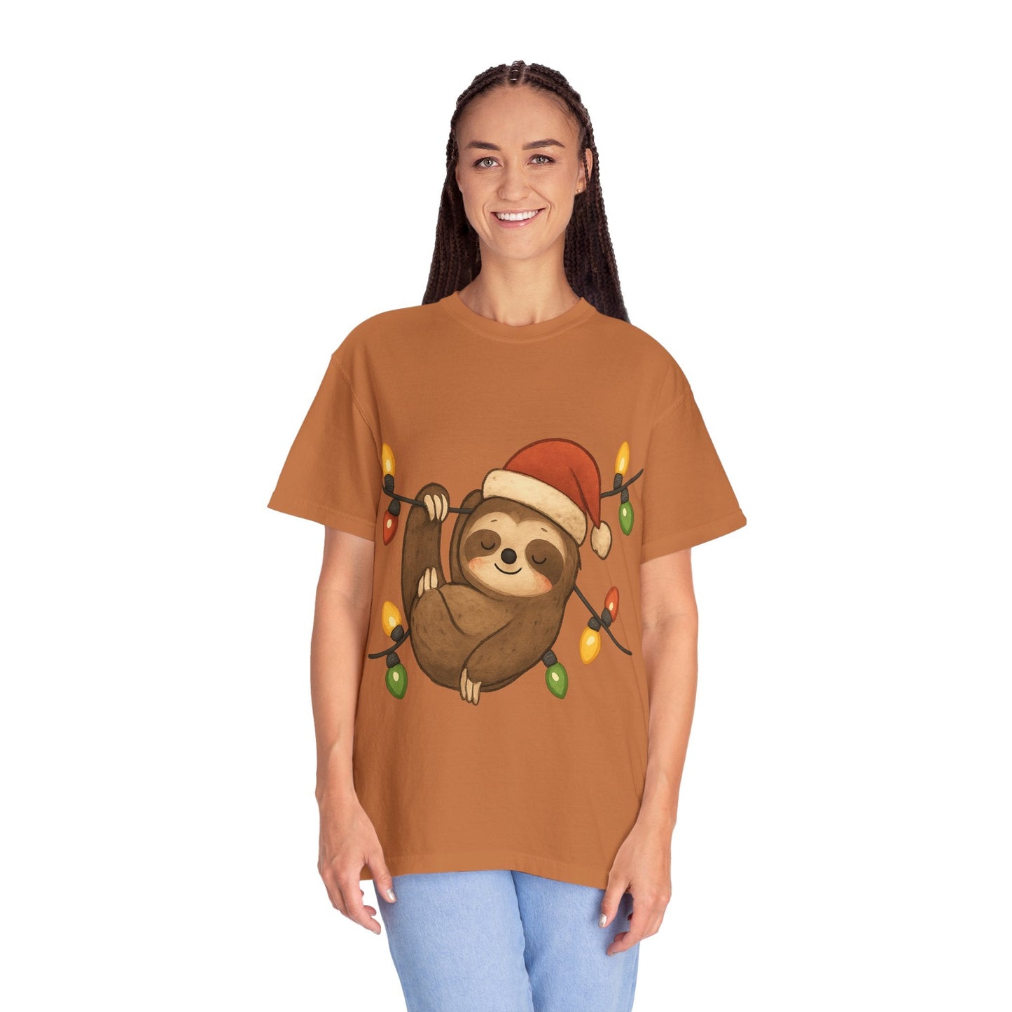 Festive Sloth Dreams: Holiday Lights Companion, Cute Christmas Illustration T-shirt – Custom T-Shirt by PixelCraft360, unique decoration for events and special gifts