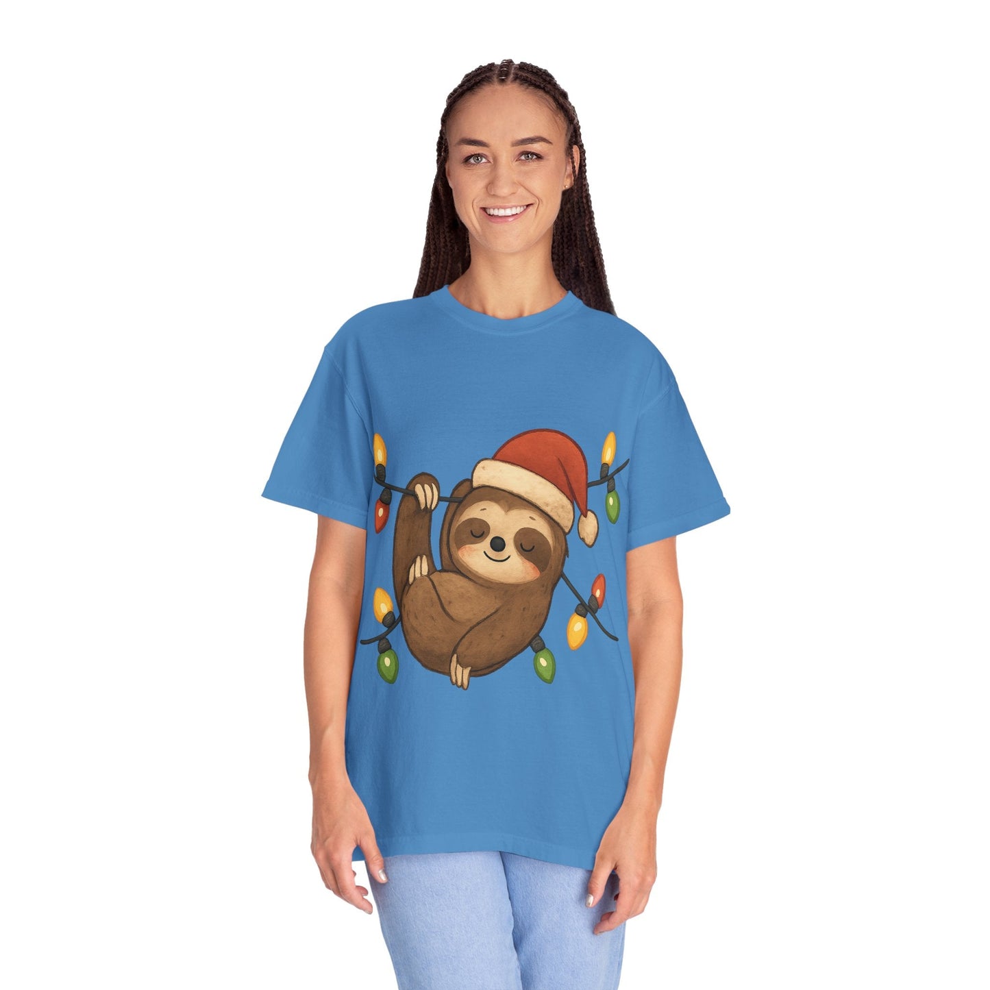 Festive Sloth Dreams: Holiday Lights Companion, Cute Christmas Illustration T-shirt – Custom T-Shirt by PixelCraft360, unique decoration for events and special gifts