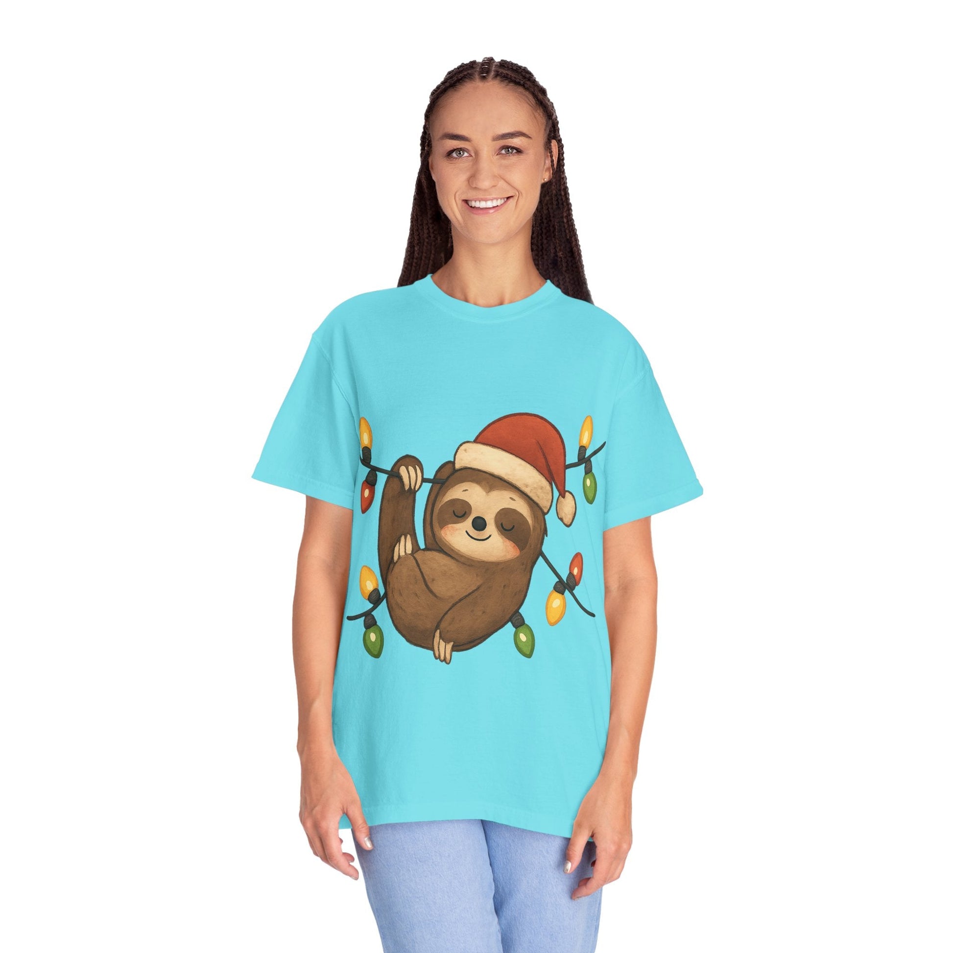 Festive Sloth Dreams: Holiday Lights Companion, Cute Christmas Illustration T-shirt – Custom T-Shirt by PixelCraft360, unique decoration for events and special gifts