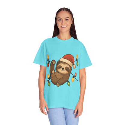 Festive Sloth Dreams: Holiday Lights Companion, Cute Christmas Illustration T-shirt – Custom T-Shirt by PixelCraft360, unique decoration for events and special gifts