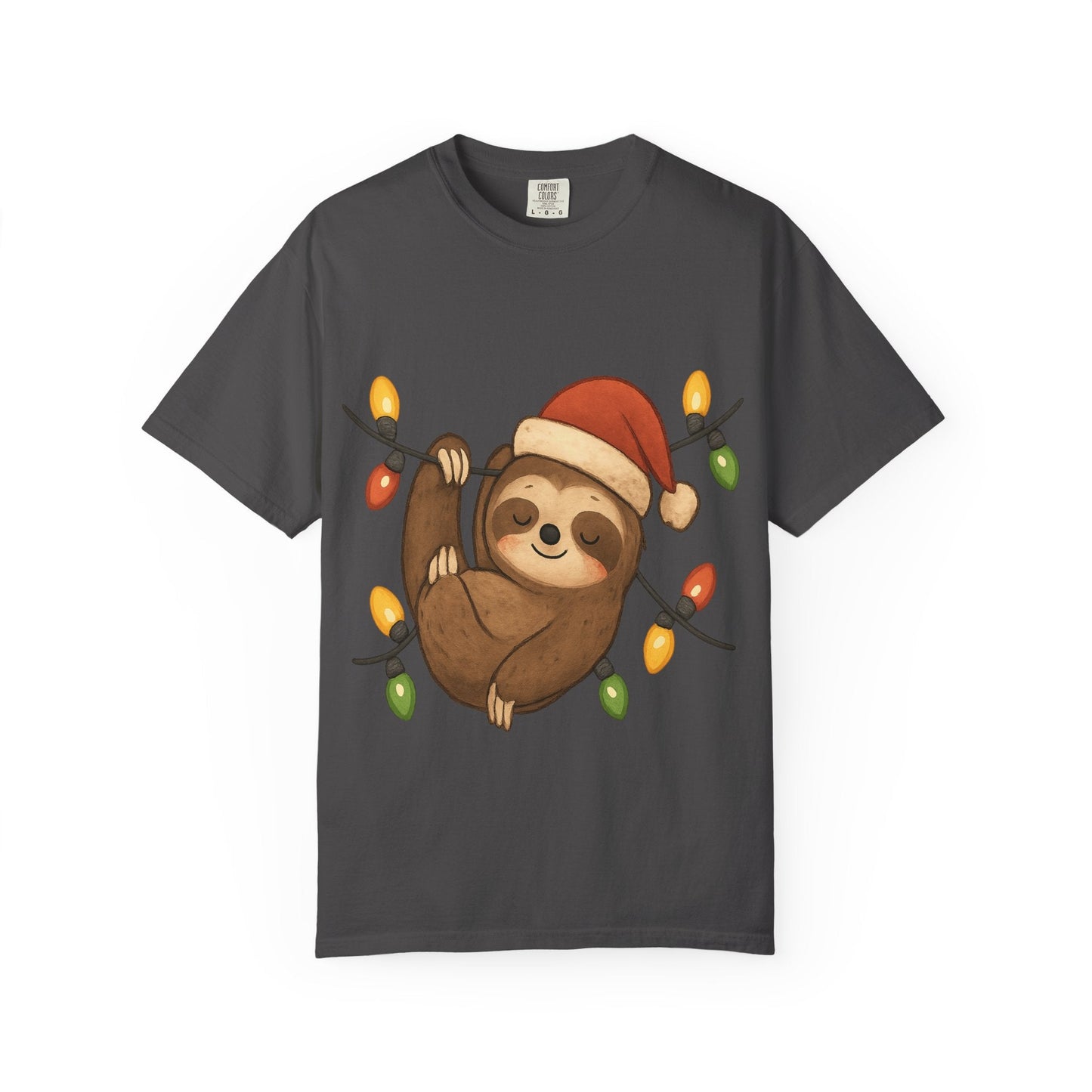 Festive Sloth Dreams: Holiday Lights Companion, Cute Christmas Illustration T-shirt – Custom T-Shirt by PixelCraft360, unique decoration for events and special gifts