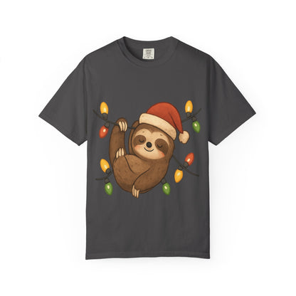 Festive Sloth Dreams: Holiday Lights Companion, Cute Christmas Illustration T-shirt – Custom T-Shirt by PixelCraft360, unique decoration for events and special gifts
