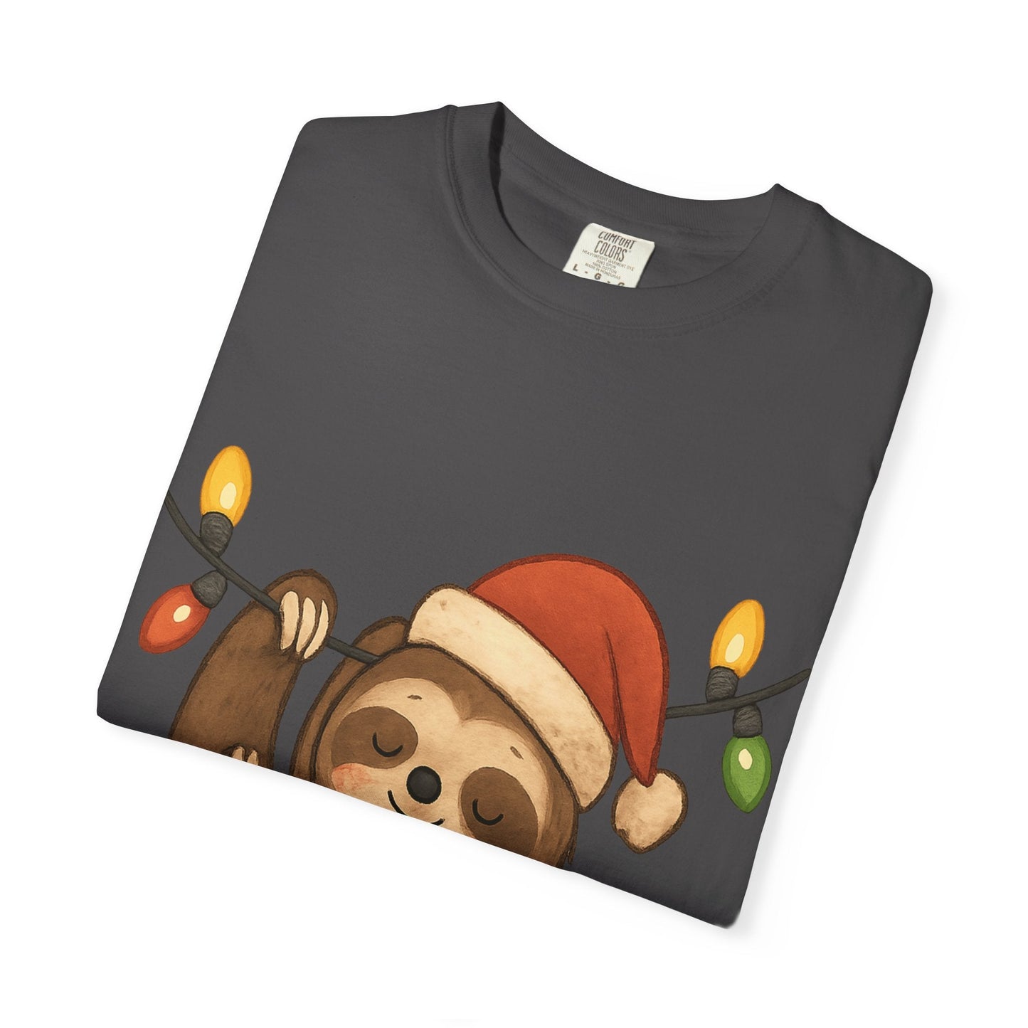 Festive Sloth Dreams: Holiday Lights Companion, Cute Christmas Illustration T-shirt – Custom T-Shirt by PixelCraft360, unique decoration for events and special gifts