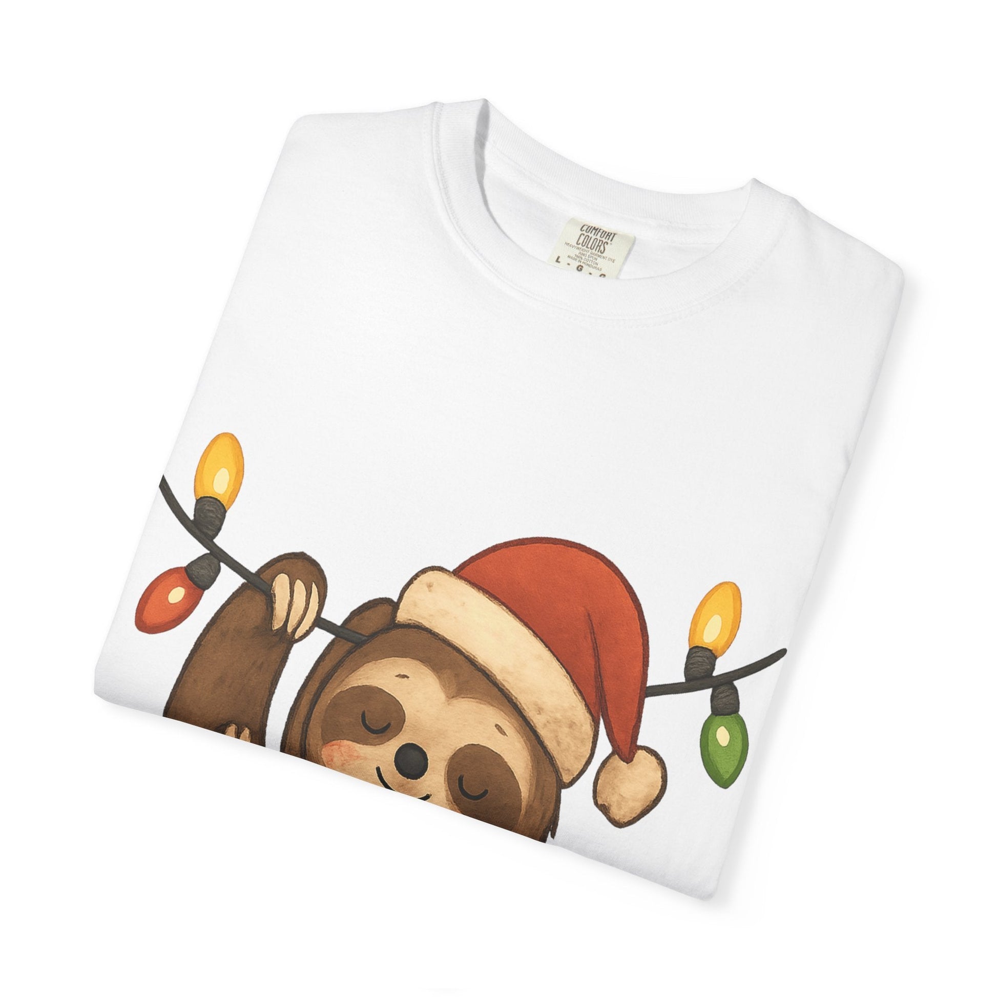 Festive Sloth Dreams: Holiday Lights Companion, Cute Christmas Illustration T-shirt – Custom T-Shirt by PixelCraft360, unique decoration for events and special gifts