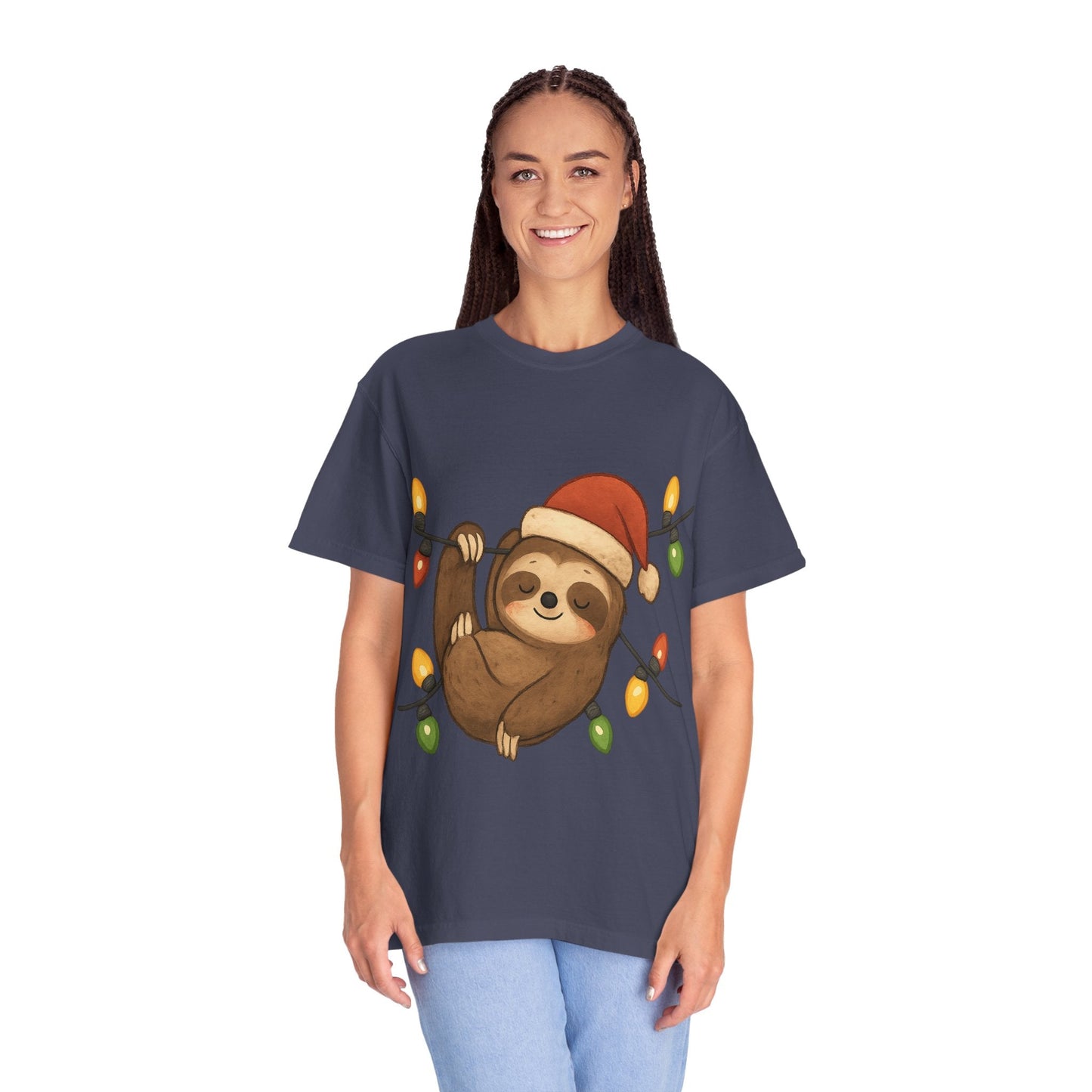 Festive Sloth Dreams: Holiday Lights Companion, Cute Christmas Illustration T-shirt – Custom T-Shirt by PixelCraft360, unique decoration for events and special gifts
